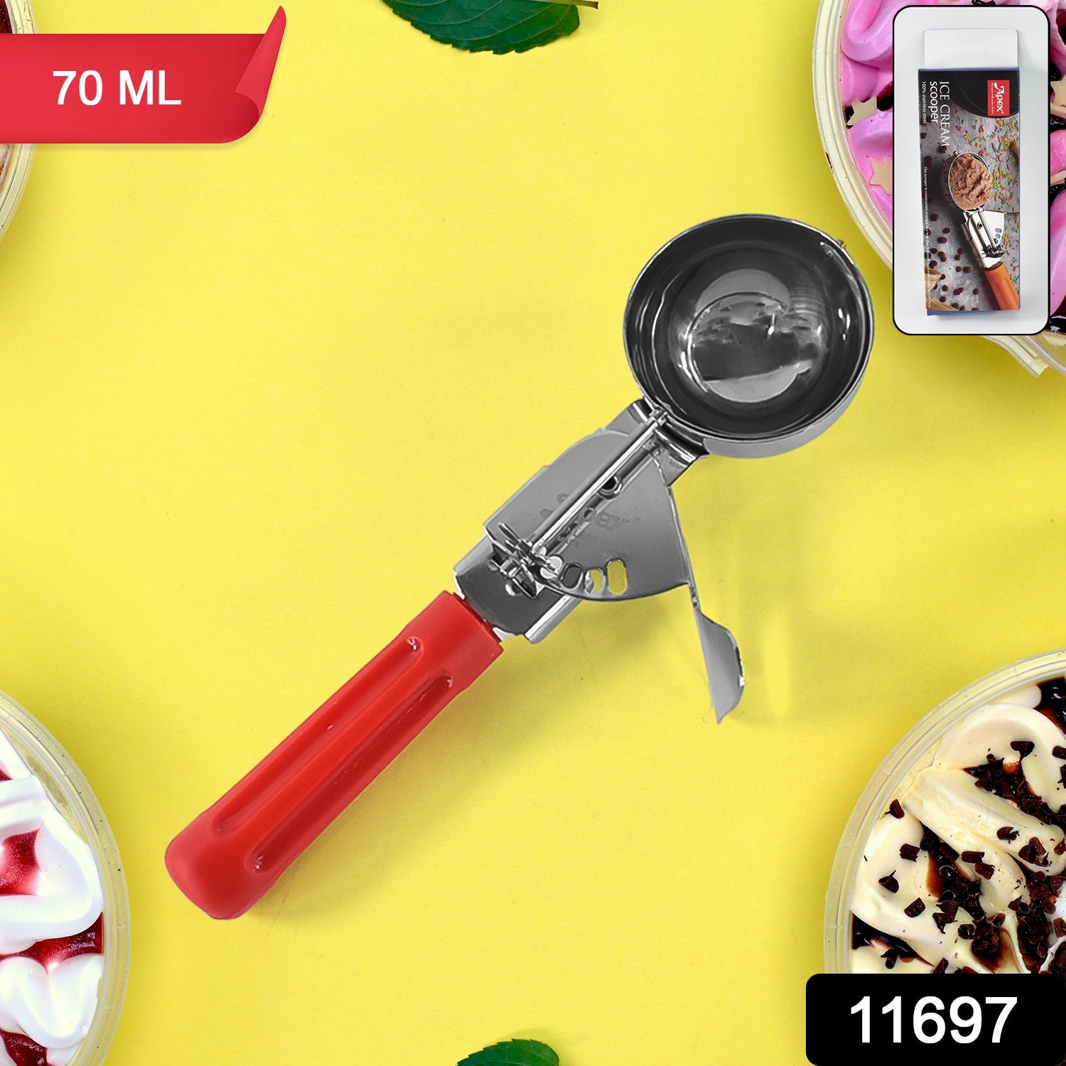 Apex Ice Cream Scoop – 70 ML Stainless Steel Head with Ergonomic Handle (1 Pc)