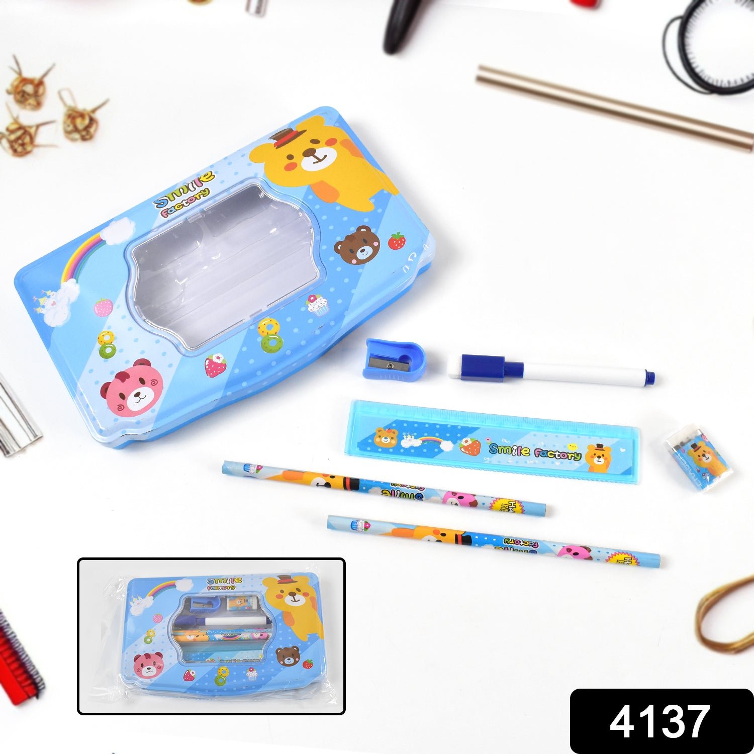 Cartoon Metal Compass Box for Kids with Stationery (6 Pc Set)