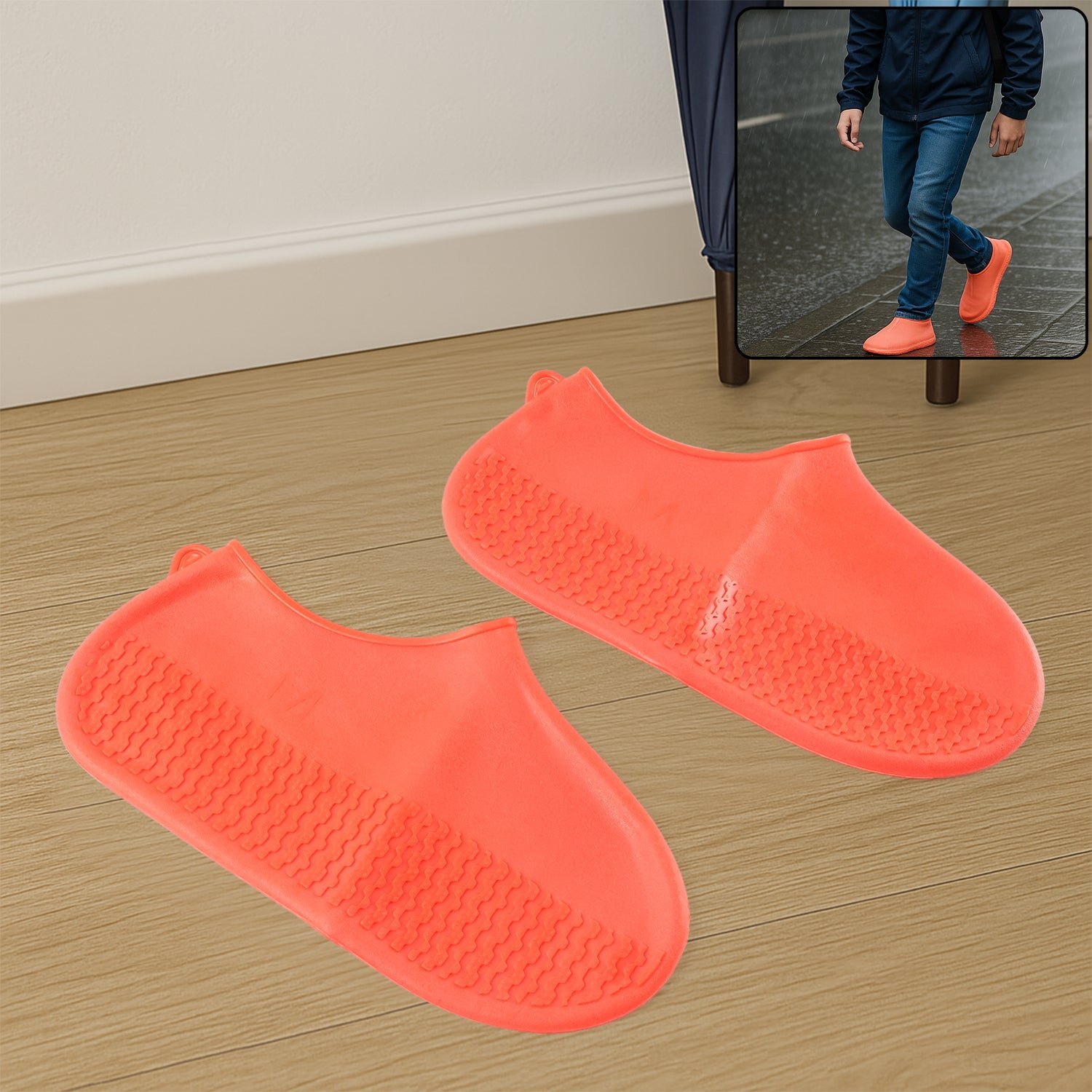 Orange Non-Slip Silicone Rain Reusable Anti skid Waterproof Fordable (1 Pair)